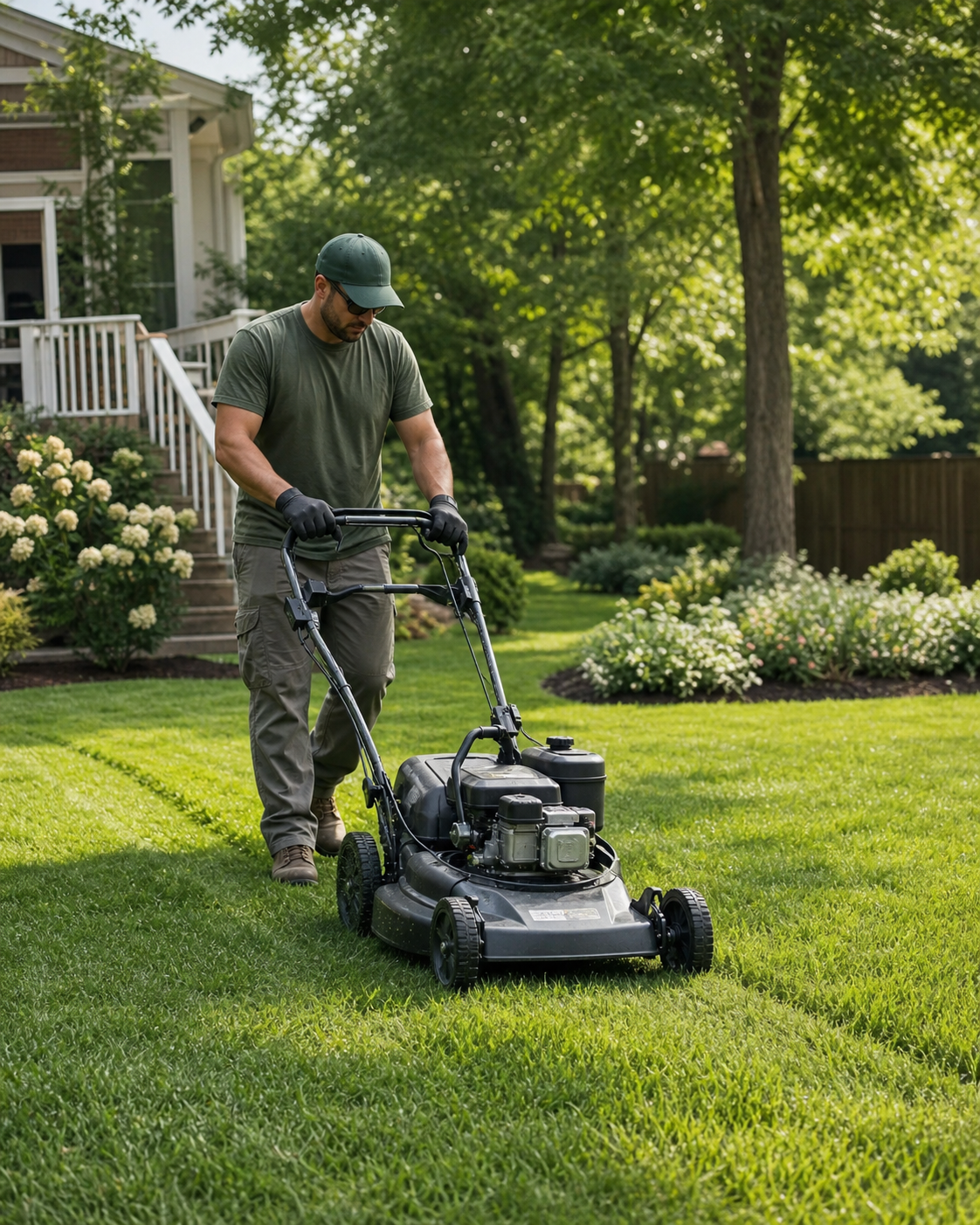 Landscaping professional mowing a residential lawn